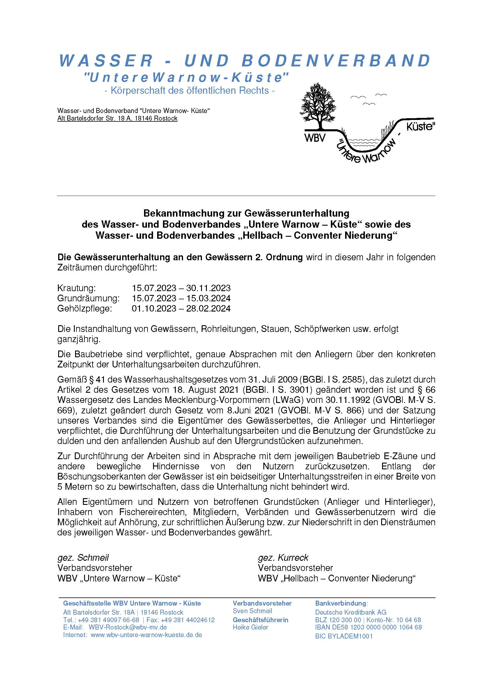 230118 Bekanntmachung zur Gewässerunterhaltung 20232024 WBV Rostock+